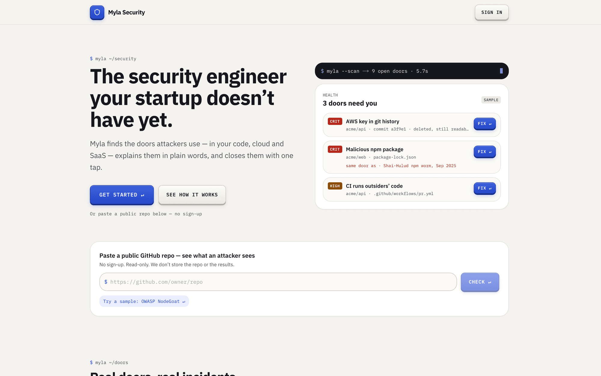 Myla Security’s website: “The security engineer your startup doesn’t have yet”, next to a health panel listing three open security doors to fix